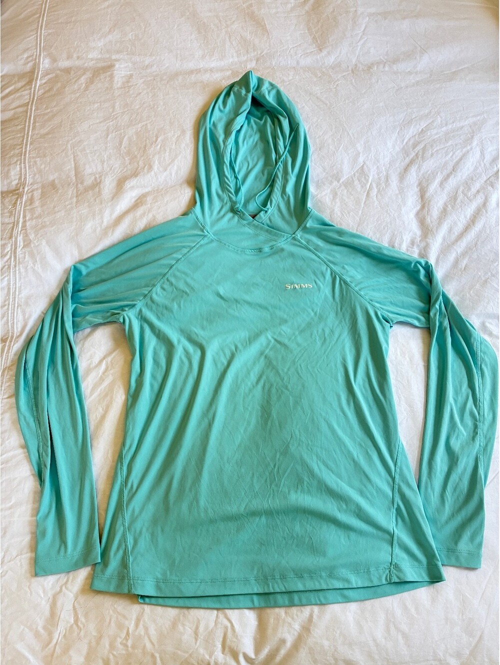 Simms SolarFlex UPF 50 Light Blue Hoodie Long Sleeve Shirt Women's medium